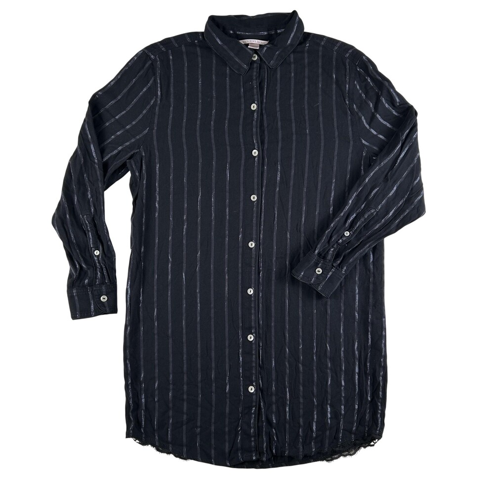 Victoria's Secret Sleepshirt Womens Medium Black Stripe Button Front Lace
